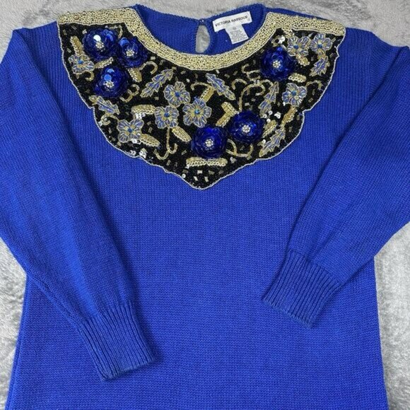 Victoria Harbour Tops - VTG Victoria Harbour Sweater Tunic Shirt Women's Size M Royal Blue Beaded Sequin